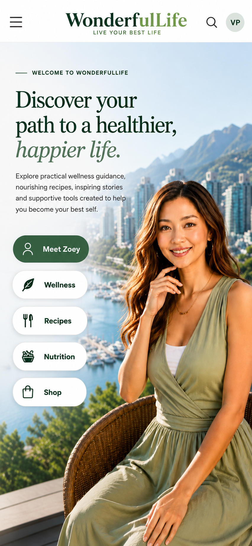 WonderfulLife mobile homepage featuring Zoey overlooking Vancouver Harbour
